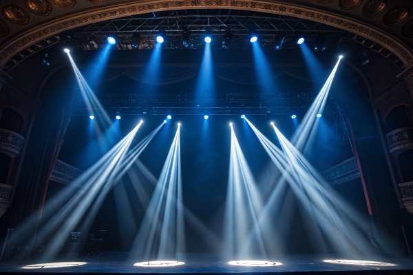 Stage with bright spotlights, a theater scene illuminated by multiple beams of light