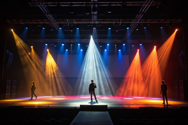 Performers on stage with colorful spotlights, vibrant lighting in a theater setting