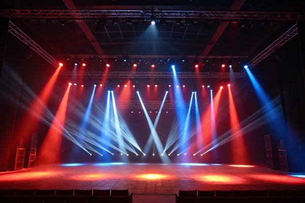 Empty stage with red and blue spotlights, a dramatic theater lighting setup