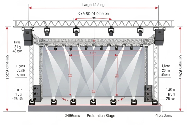 Stage lighting setup diagram, technical layout with measurements and equipment placement