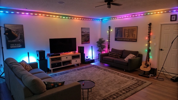 Cozy living room with colorful LED ambient lighting