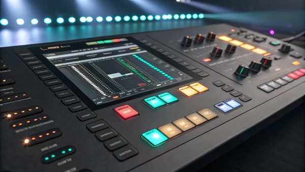 Professional audio mixing console with colorful controls and display