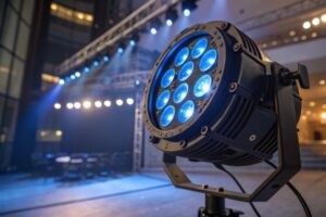 Stage spotlight with blue LED lights, focused on an indoor venue setup