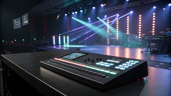 Stage lighting control panel, modern concert setup with vibrant lights