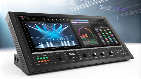 Advanced lighting control console, digital screen with stage visuals