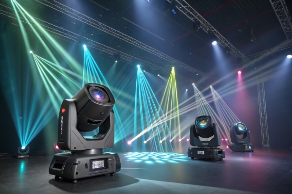 Stage lighting equipment, showcasing colorful beams in a dark venue